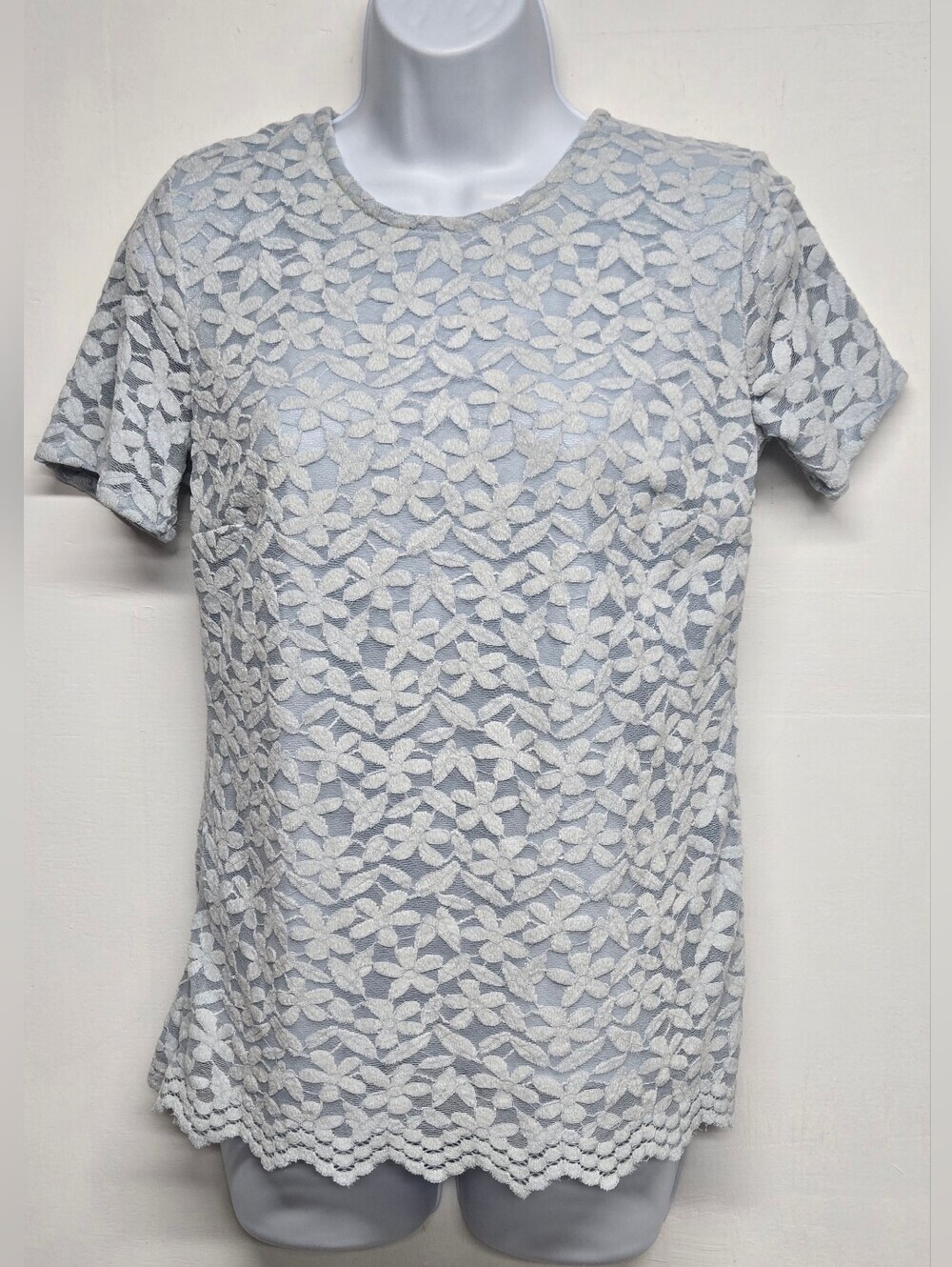 Teddi Rose S Light Blue Top Short Sleeve Lined With Lace Overlay